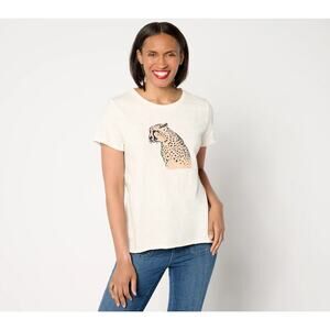 Studio Park x Amy Stran Womens Slub Jersey Crewneck Graphic T-Shirt Sz 3X Ivory